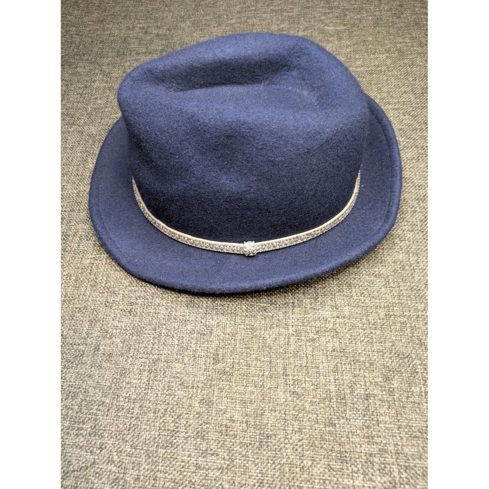 Charming Charlie Blue Wool Fedora Hat Wide Brim Womens Medium Rhinestone Belted